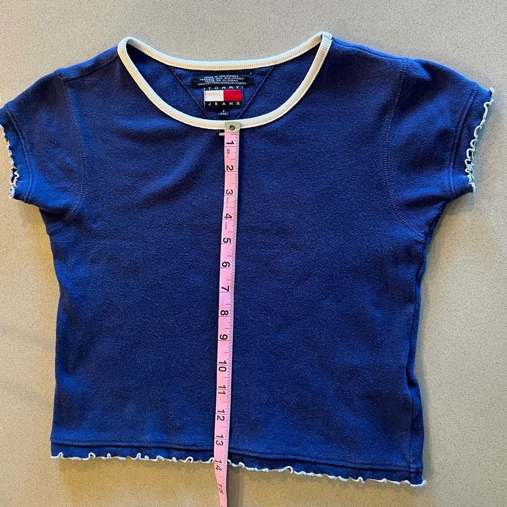 Vintage Tommy Hilfiger Ruffled Edge Cropped Blue T-Shirt Size S - Picture 2 of 12